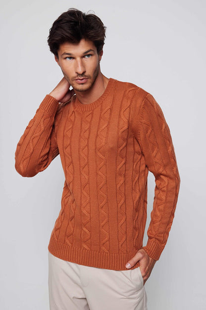 Men's Slim Fit Crew Neck Patterned Cinnamon Sweater