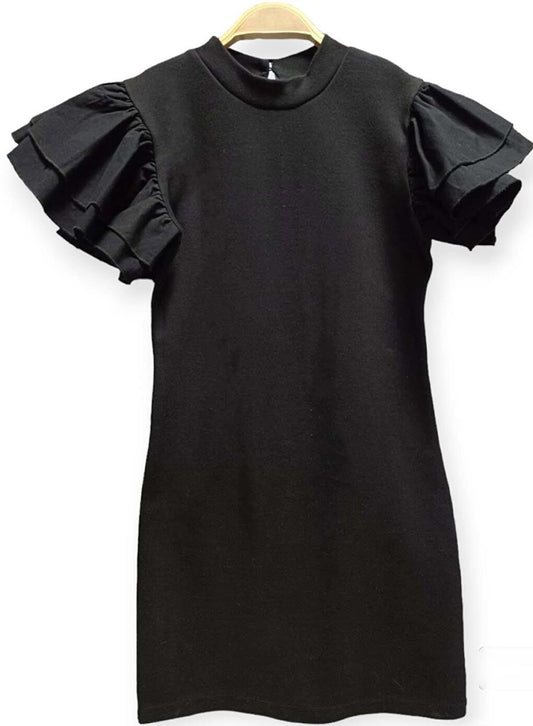 Girl's Black Dress with Ruffle Detail on Sleeves