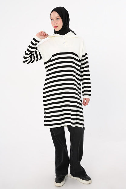 Ecru-Black Buttoned Striped Knitwear Tunic