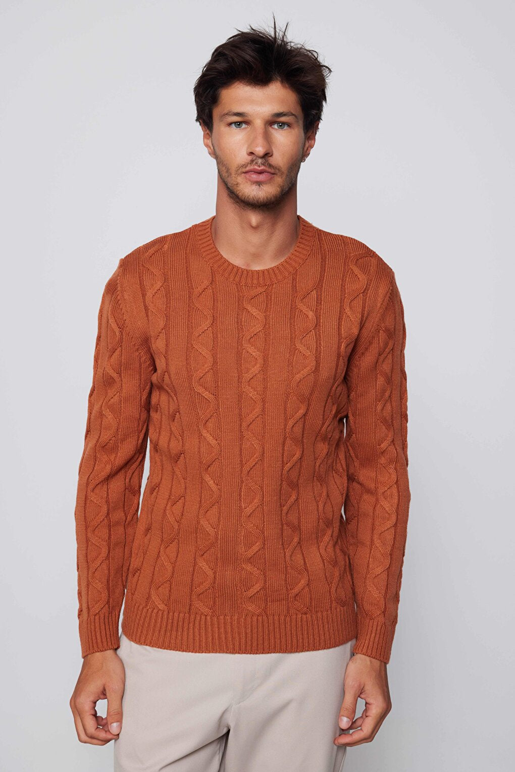 Men's Slim Fit Crew Neck Patterned Cinnamon Sweater