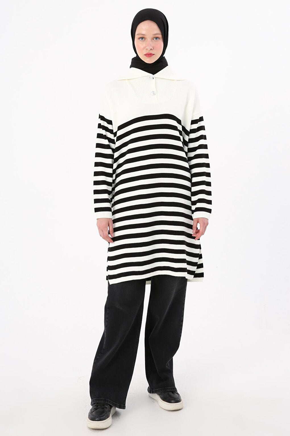 Ecru-Black Buttoned Striped Knitwear Tunic