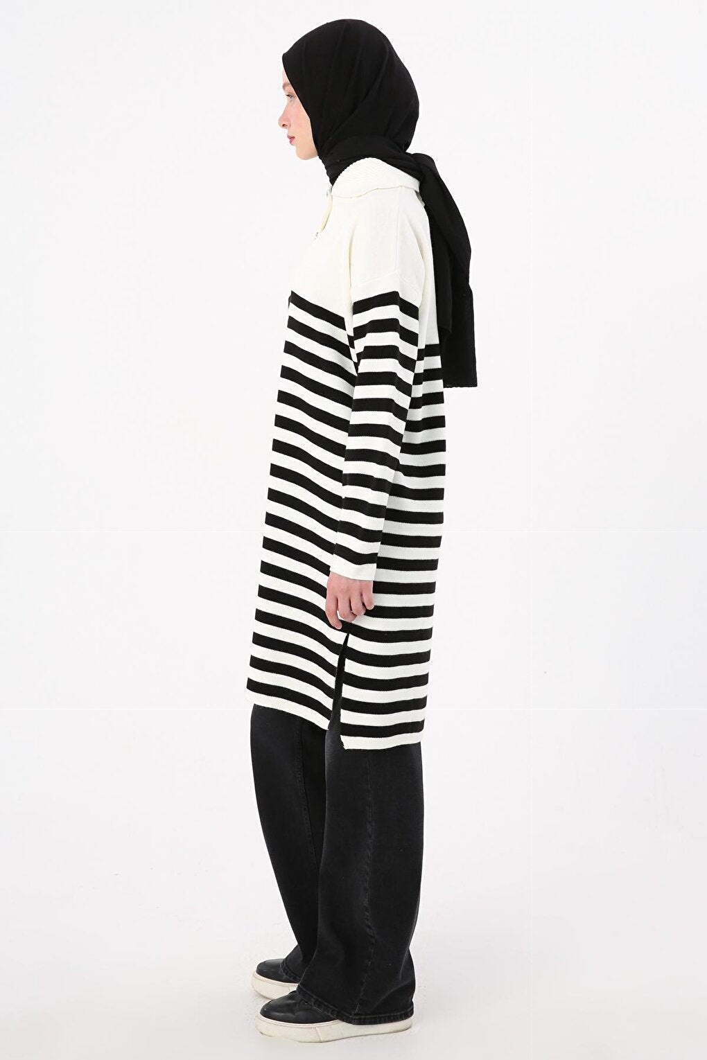 Ecru-Black Buttoned Striped Knitwear Tunic