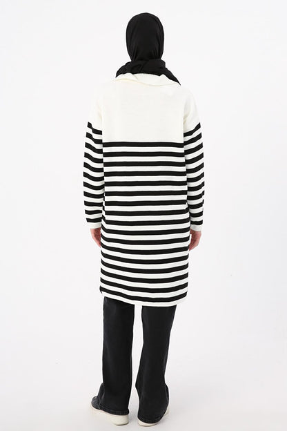 Ecru-Black Buttoned Striped Knitwear Tunic