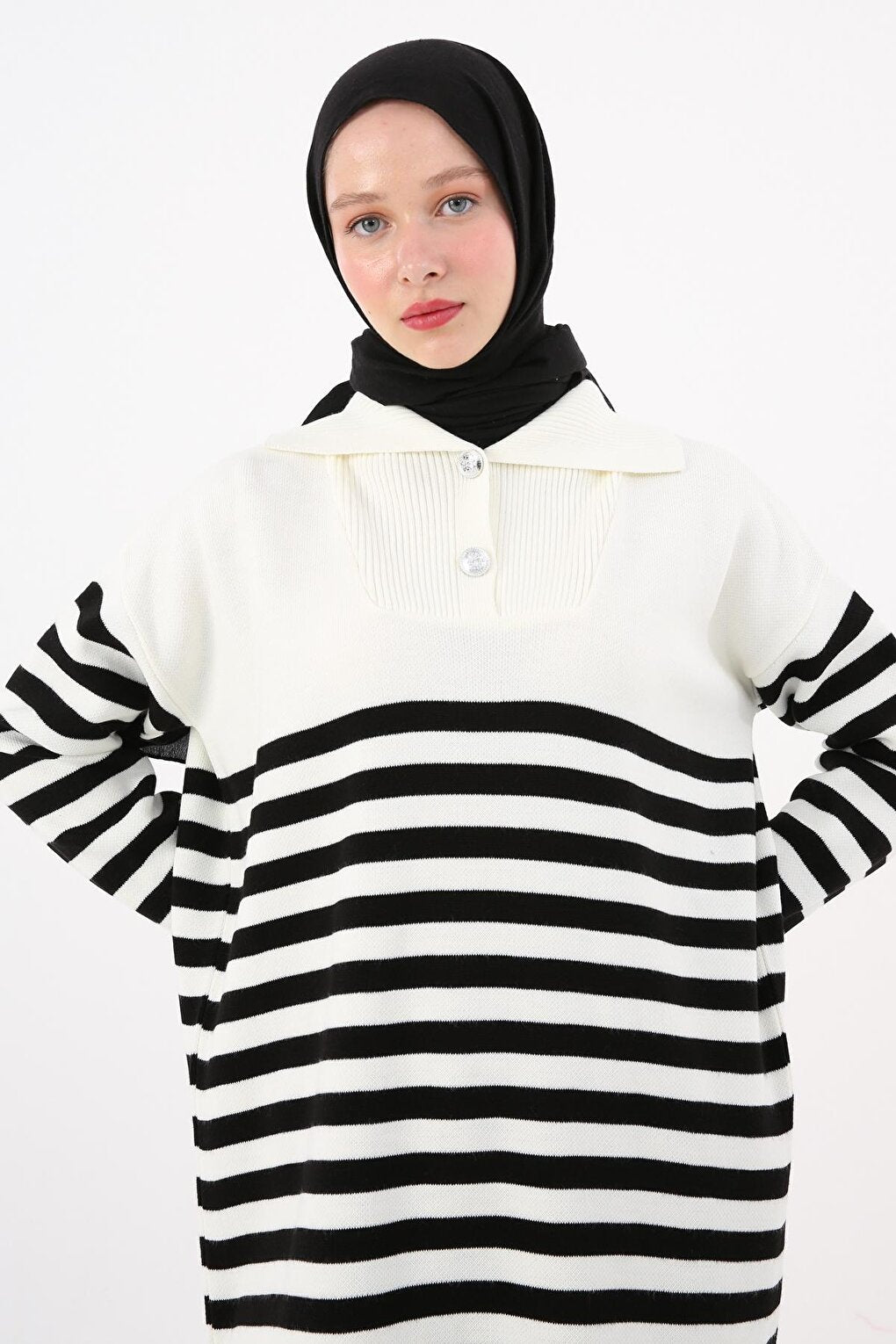 Ecru-Black Buttoned Striped Knitwear Tunic