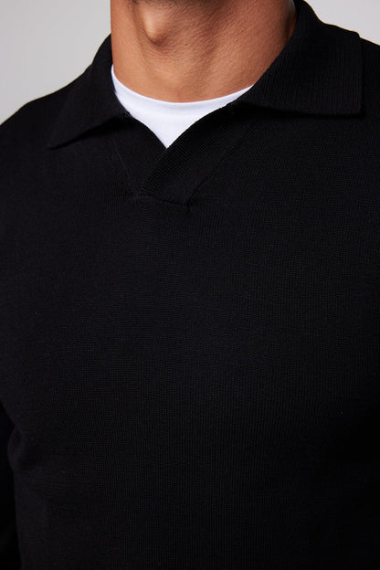 Men's Slim Fit Narrow Cut Polo V-Neck Black Sweater