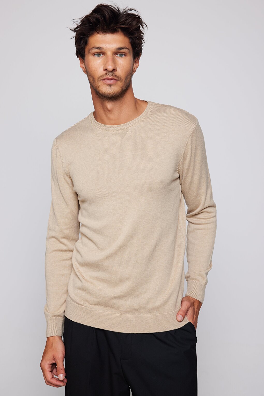 Men's Slim Fit Crew Neck Stone Color Sweater