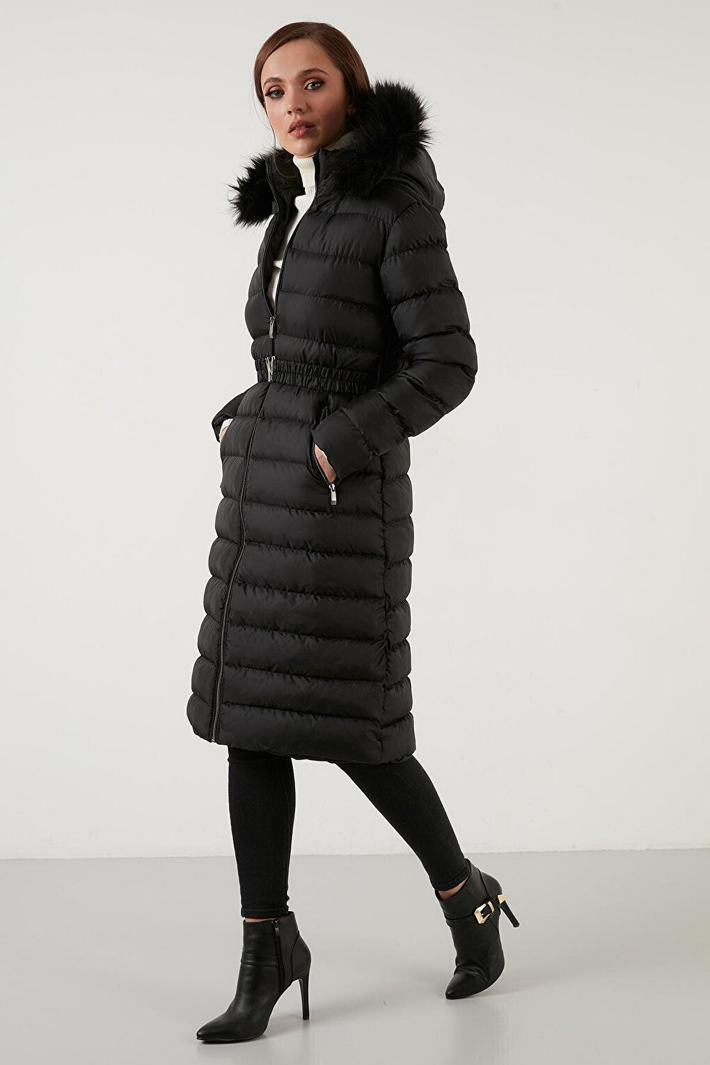 Removable Furry Hooded Long Coat with Pockets 497FIRUZE