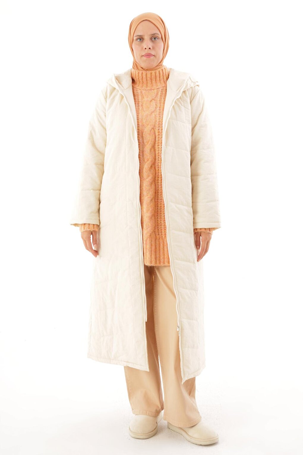 Beige Hooded Zippered Long Quilted Coat