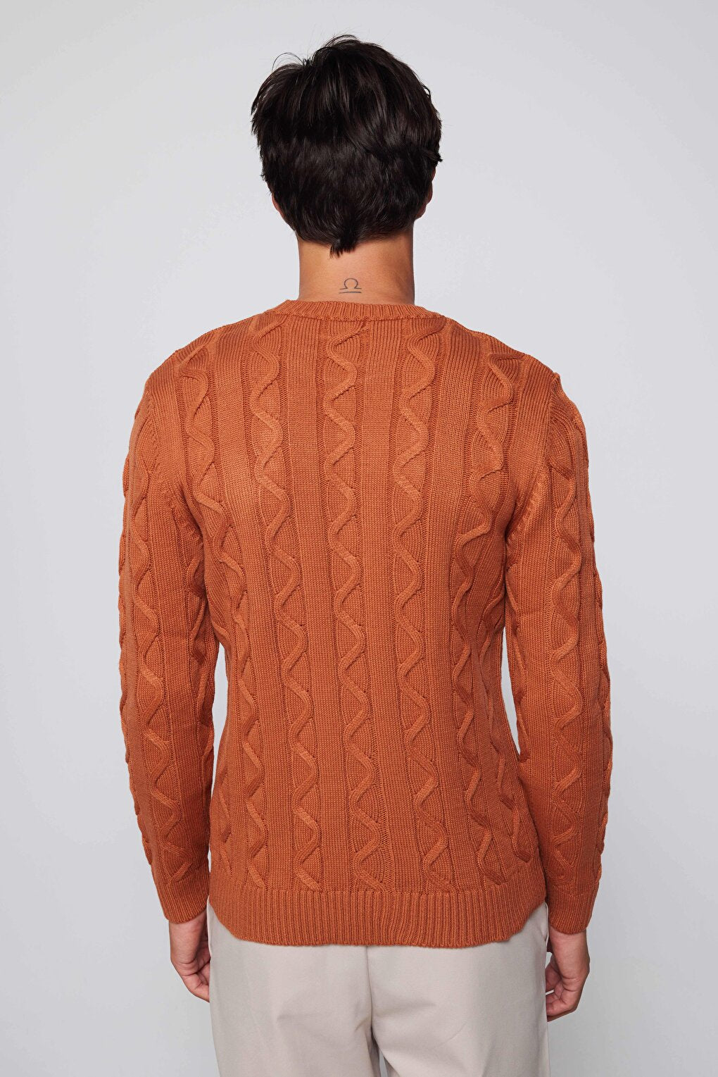 Men's Slim Fit Crew Neck Patterned Cinnamon Sweater