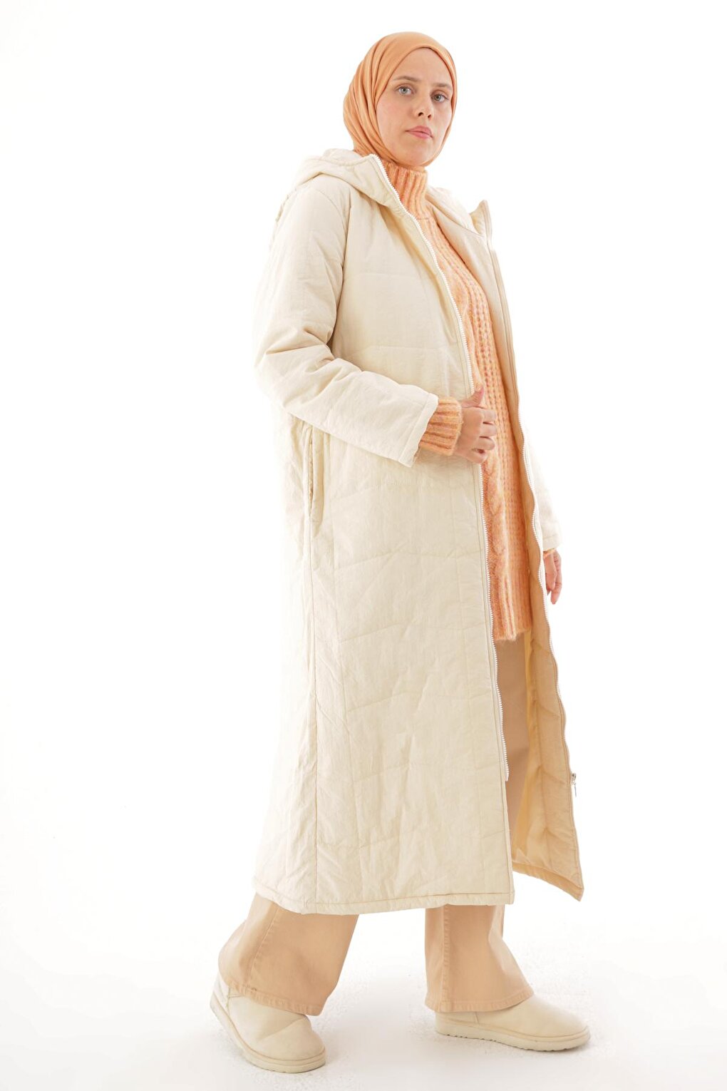 Beige Hooded Zippered Long Quilted Coat