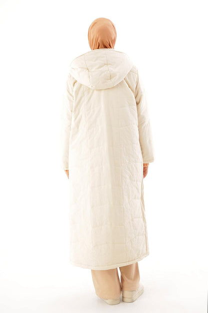 Beige Hooded Zippered Long Quilted Coat