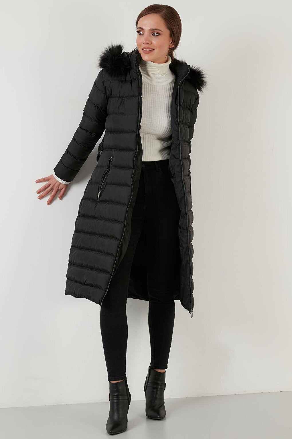 Removable Furry Hooded Long Coat with Pockets 497FIRUZE