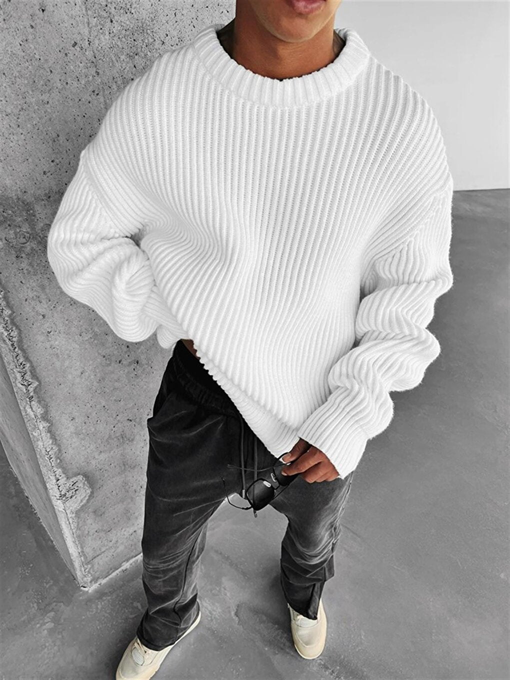 Extra Oversize Corded Knitted Sweater White