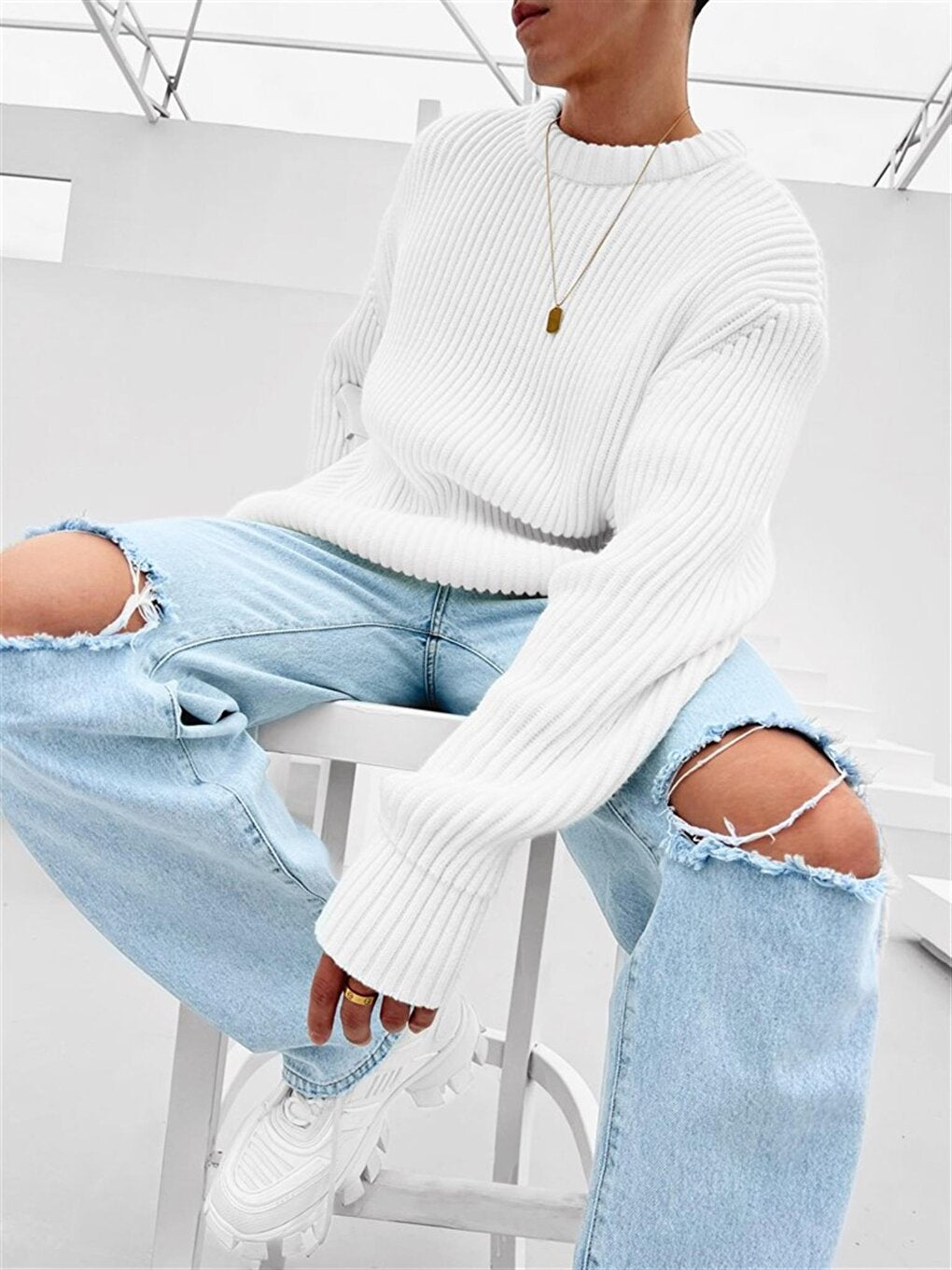 Extra Oversize Corded Knitted Sweater White