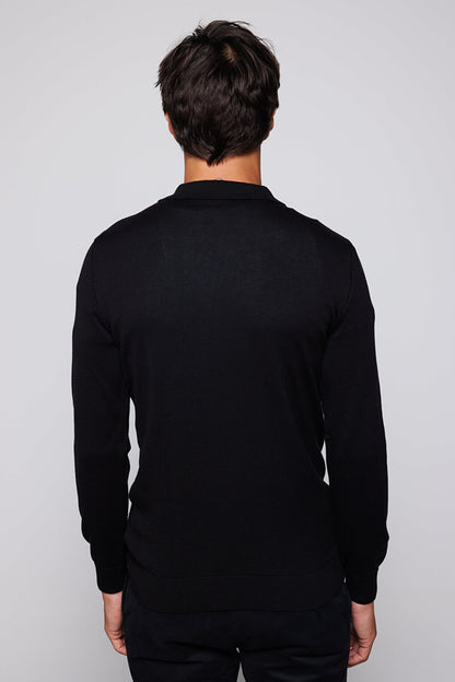 Men's Slim Fit Narrow Cut Polo V-Neck Black Sweater