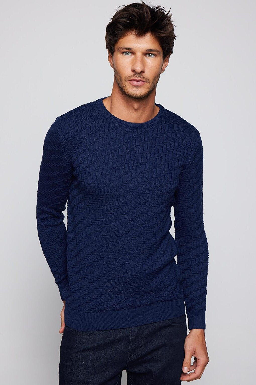 Men's Slim Fit Narrow Cut Crew Neck Patterned Sax Blue Sweater