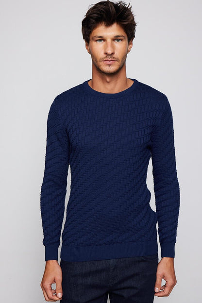 Men's Slim Fit Narrow Cut Crew Neck Patterned Sax Blue Sweater