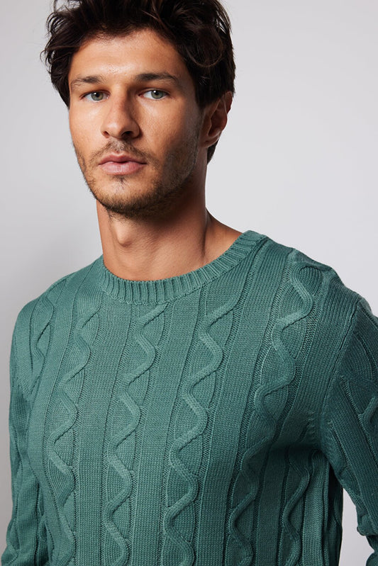 Men's Slim Fit Crew Neck Green Patterned Sweater