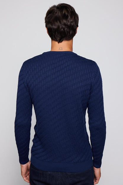 Men's Slim Fit Narrow Cut Crew Neck Patterned Sax Blue Sweater