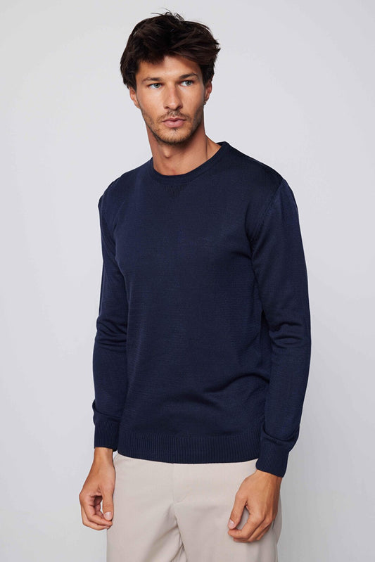 Men's Slim Fit Narrow Cut Crew Neck Non-Pilling Soft Textured Navy Blue Sweater