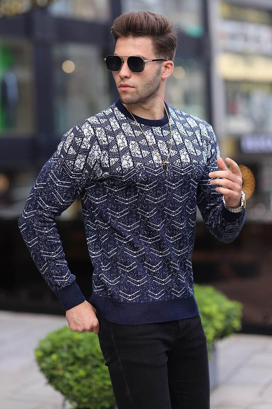 Navy Blue Patterned Crew Neck Knitwear Sweater 5971