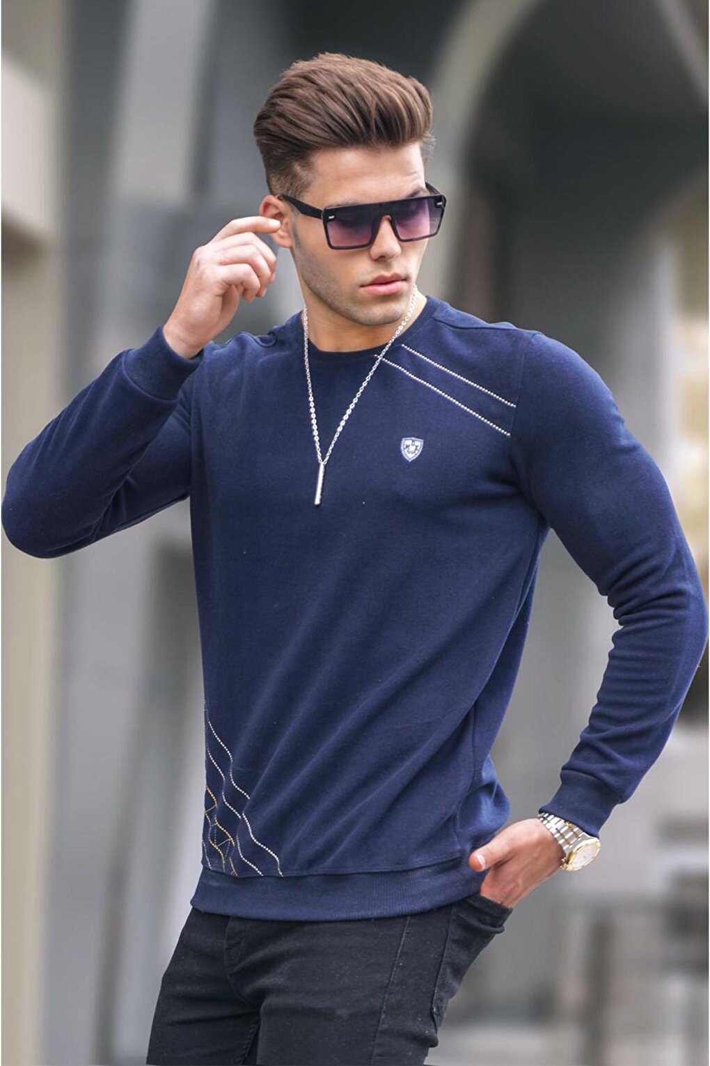 Navy Blue Basic Crew Neck Knitwear Sweater 5965