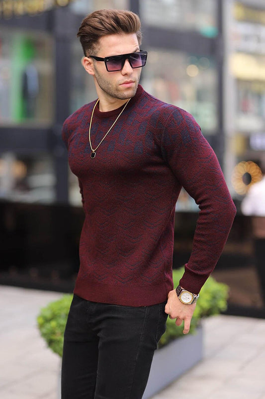 Claret Red Patterned Crew Neck Knitwear Sweater 5971