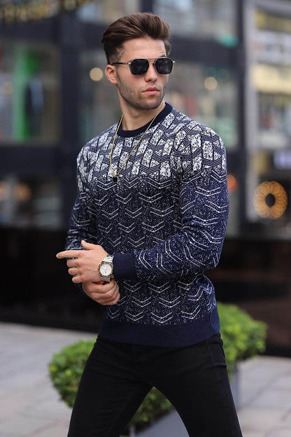 Navy Blue Patterned Crew Neck Knitwear Sweater 5971