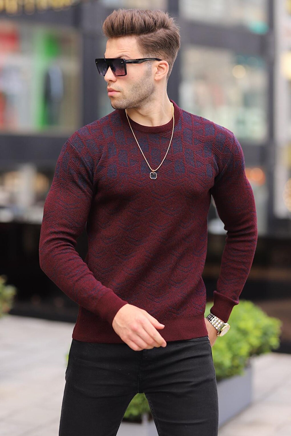 Claret Red Patterned Crew Neck Knitwear Sweater 5971