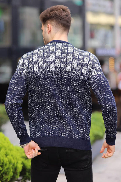 Navy Blue Patterned Crew Neck Knitwear Sweater 5971