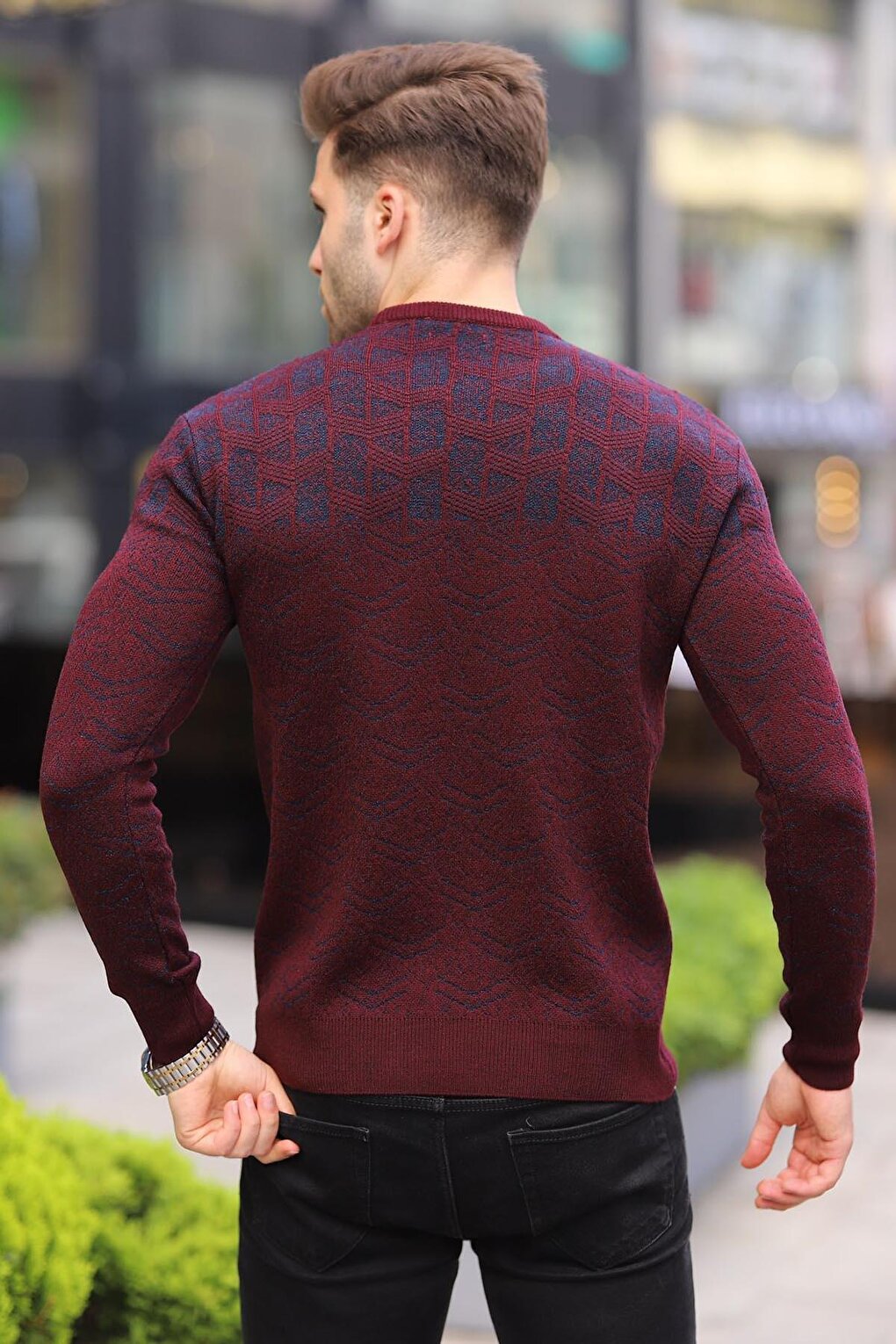 Claret Red Patterned Crew Neck Knitwear Sweater 5971