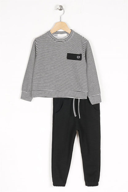 Boy's Black Colored Striped Tracksuit Set