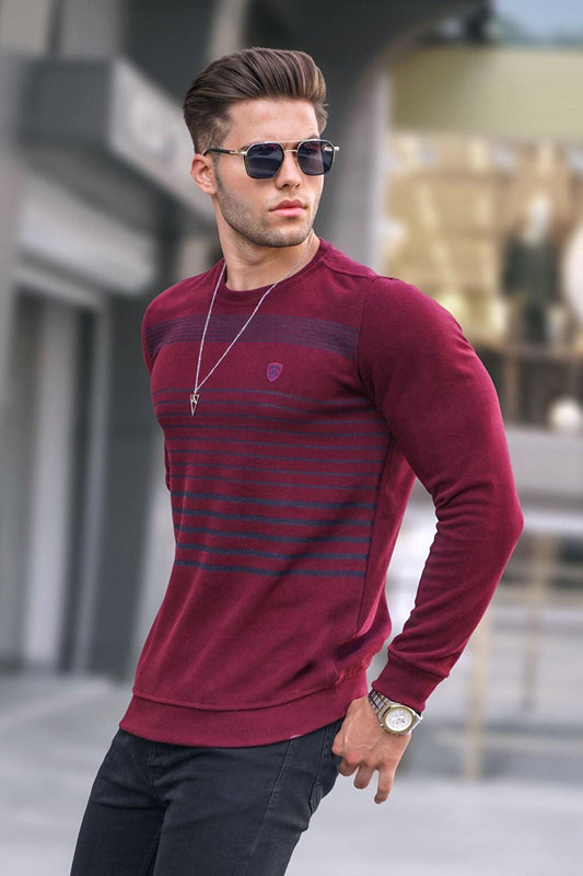 Claret Red Striped Crew Neck Knitwear Sweater 5961