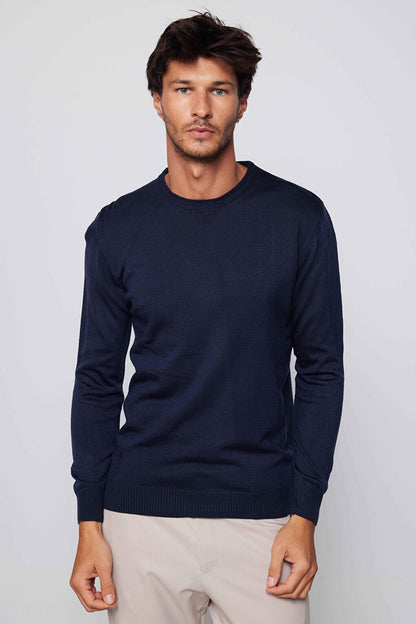 Men's Slim Fit Narrow Cut Crew Neck Non-Pilling Soft Textured Navy Blue Sweater