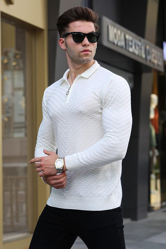 Ecru Zippered Knitwear Men's Sweater 5605