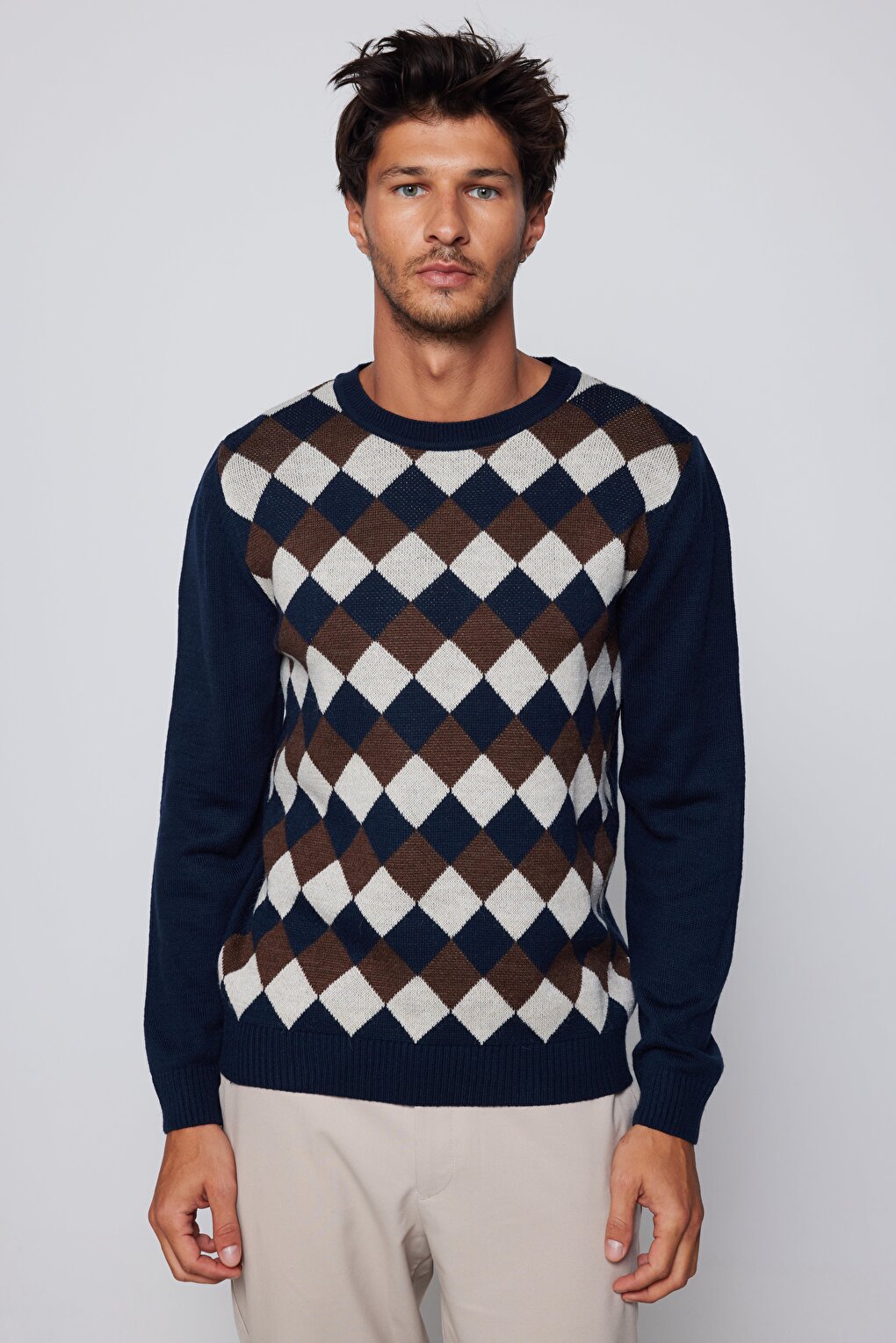 Men's Slim Fit Crew Neck Front Patterned Sweater