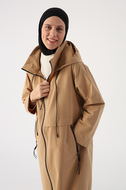 Dark Beige Hooded Pocket Zipper Trench Coat