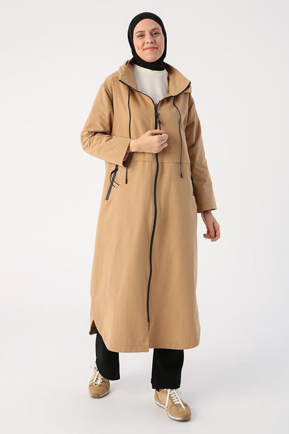 Dark Beige Hooded Pocket Zipper Trench Coat