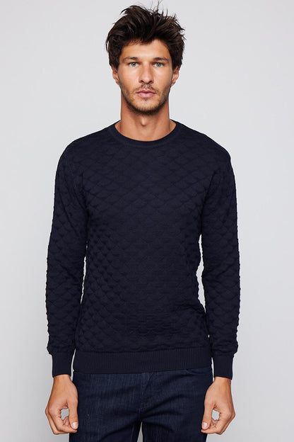 Men's Classic Fit Relaxed Cut Crew Neck Patterned Navy Blue Sweater