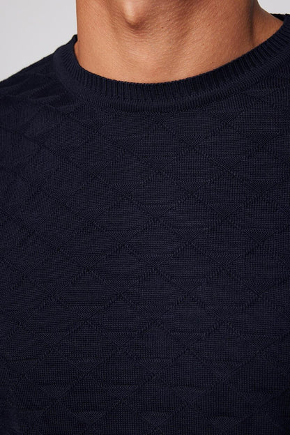 Men's Classic Fit Relaxed Cut Crew Neck Patterned Navy Blue Sweater