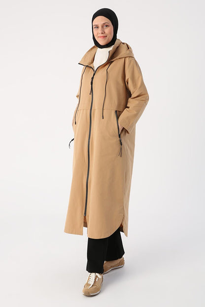 Dark Beige Hooded Pocket Zipper Trench Coat