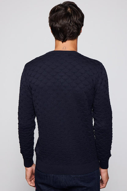 Men's Classic Fit Relaxed Cut Crew Neck Patterned Navy Blue Sweater