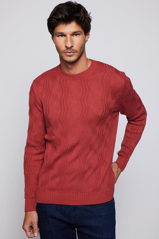 Men's Slim Fit Crew Neck Patterned Red Sweater