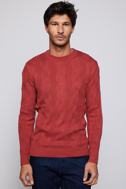 Men's Slim Fit Crew Neck Patterned Red Sweater