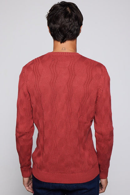 Men's Slim Fit Crew Neck Patterned Red Sweater