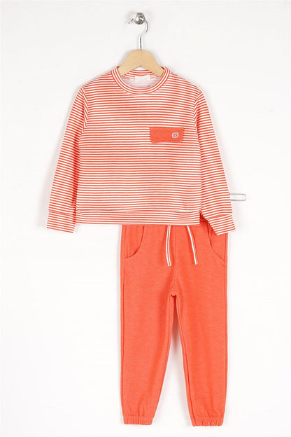 Boy's Cinnamon Colored Striped Tracksuit Set