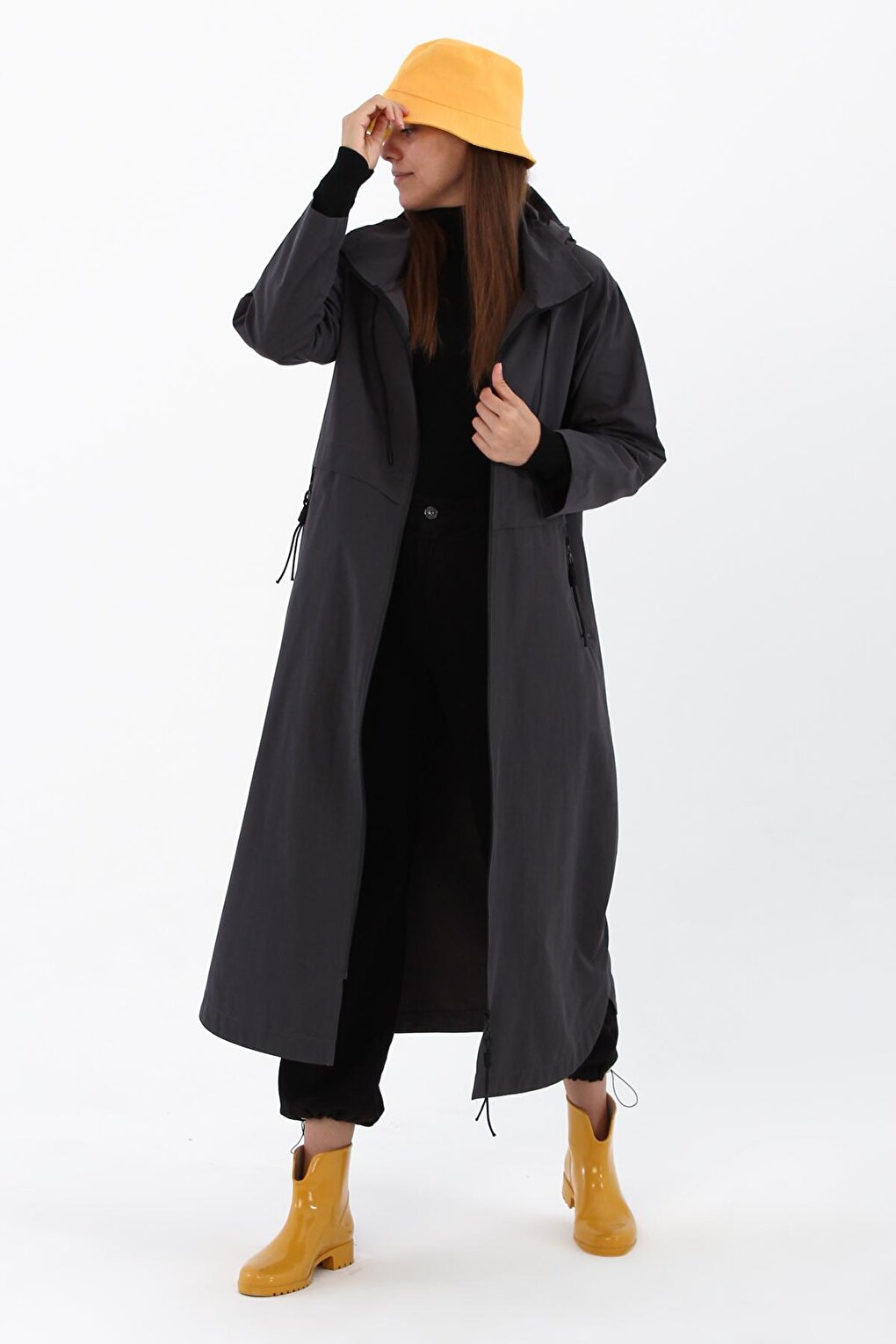 Anthracite Hooded Pocket Zipper Trench Coat