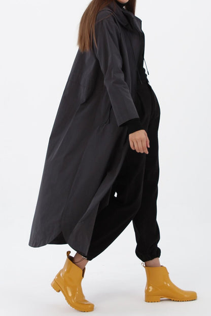 Anthracite Hooded Pocket Zipper Trench Coat