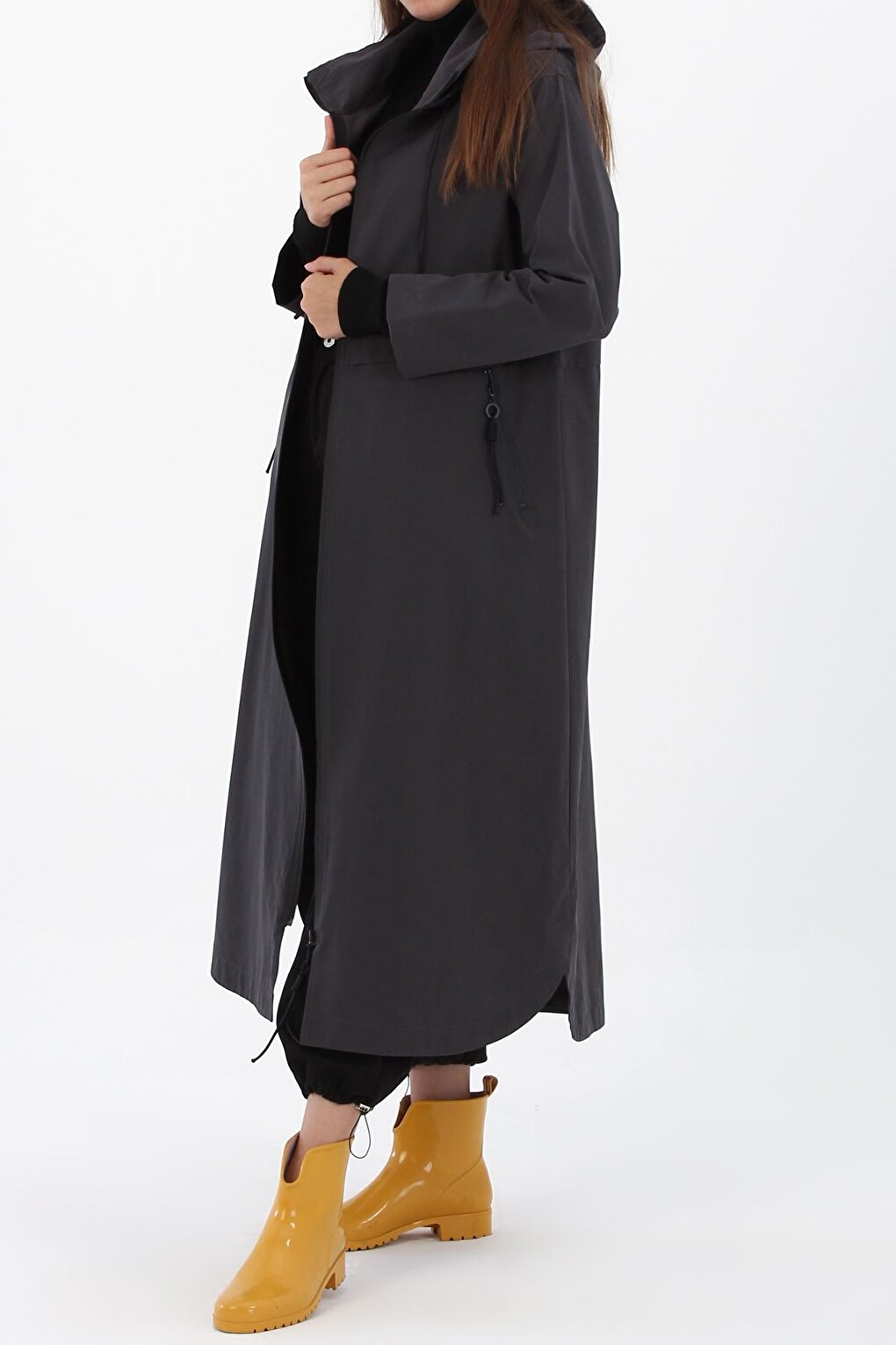 Anthracite Hooded Pocket Zipper Trench Coat