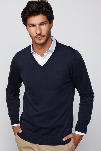 Men's Slim Fit Narrow Cut V-Neck Non-Pilling Soft Textured Navy Blue Sweater